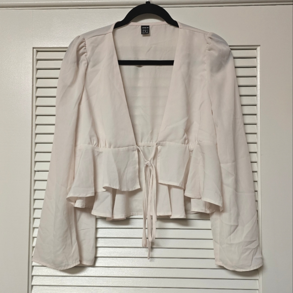 SHEIN - Cream Sheer Lightweight Long-Sleeve Tie Top